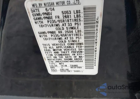 2004 Nissan Murano Sl z USA, uszkodzony, nr VIN JN8AZ08W74W334584